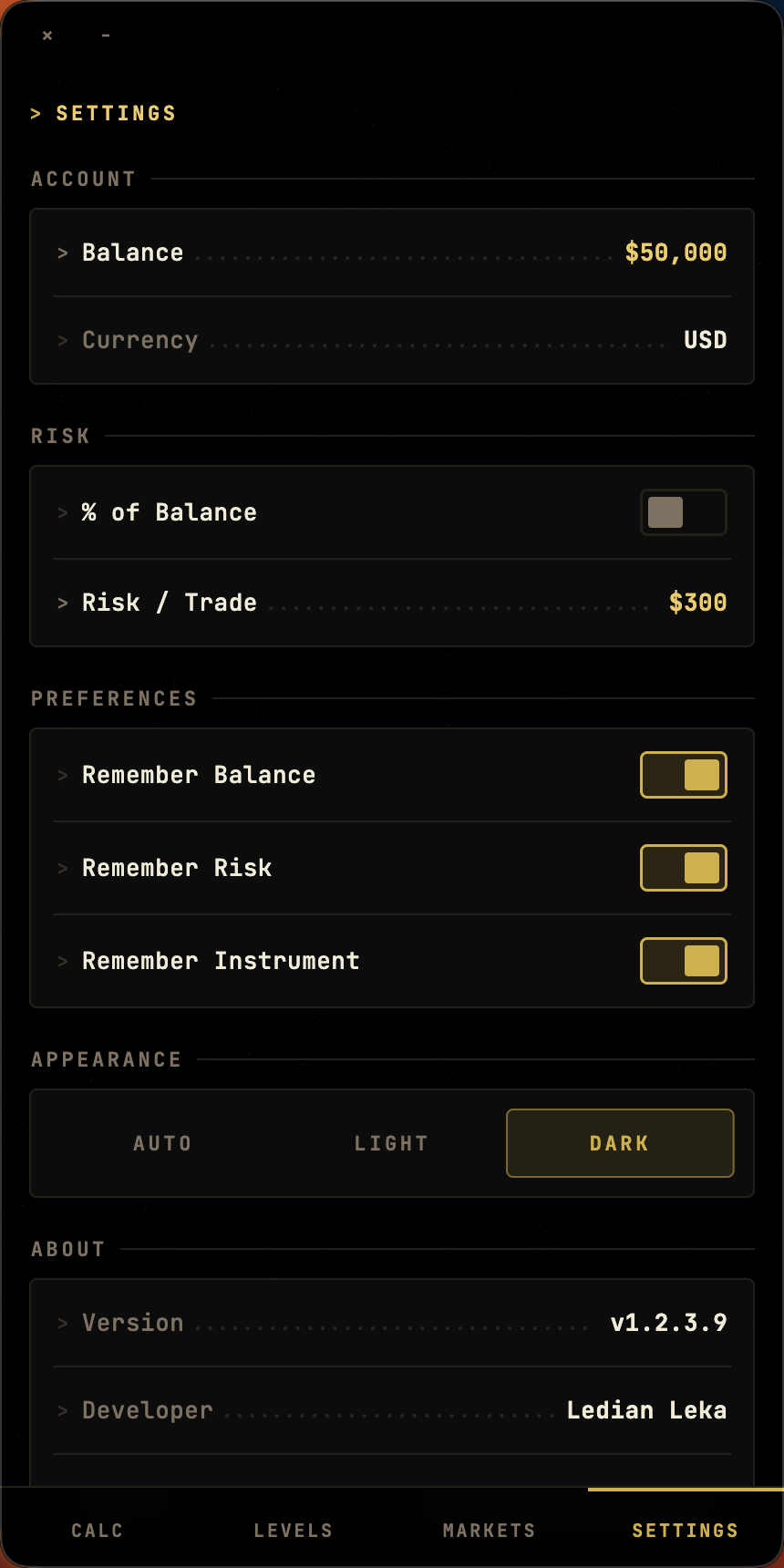 Quanta settings screen