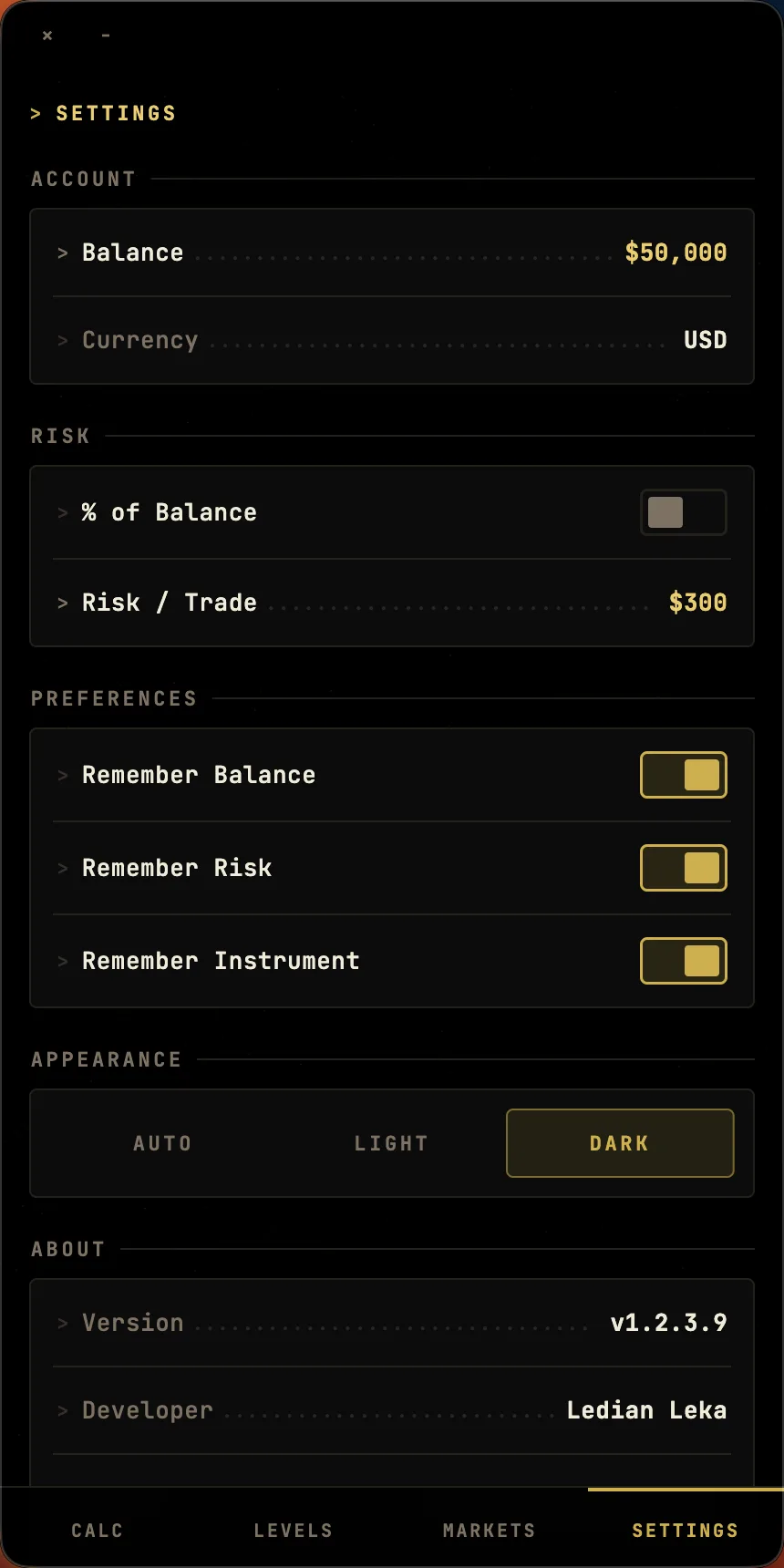 Quanta settings screen
